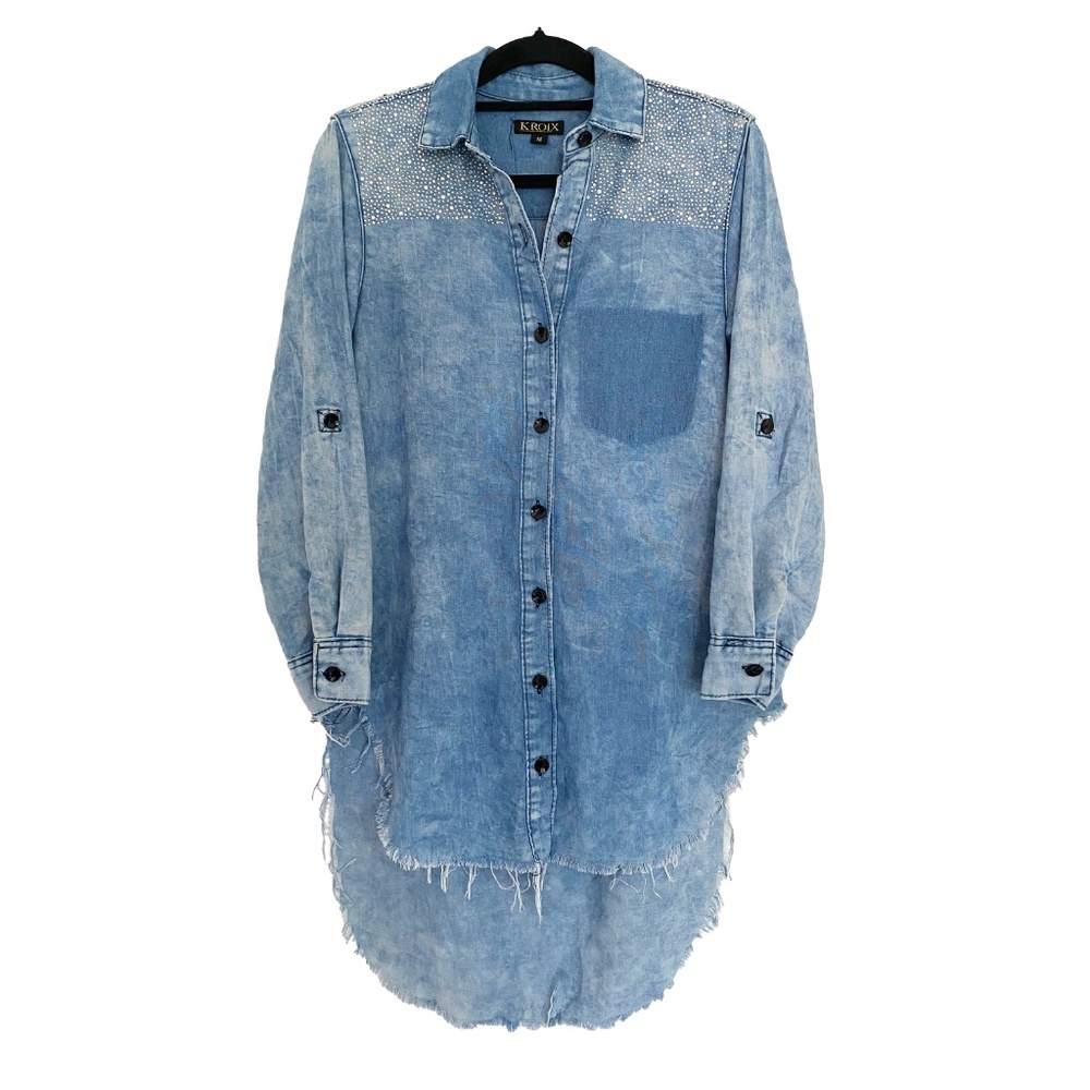 KROIX Cotton Rhinestones Details Raw Hem Hi Lo Denim Button-Up Shirt Dress Sz M